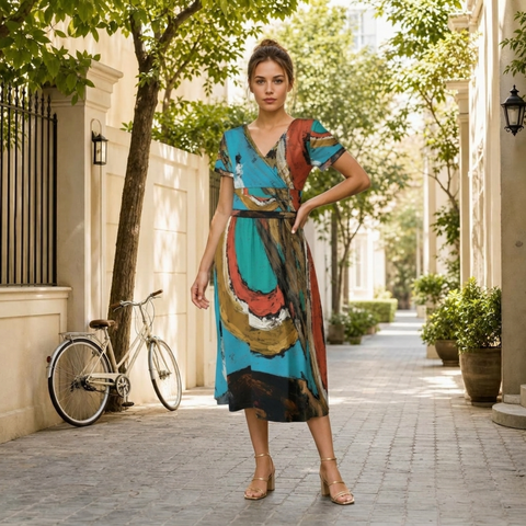Winter Divide Short Sleeve V Neck Midi Dress
