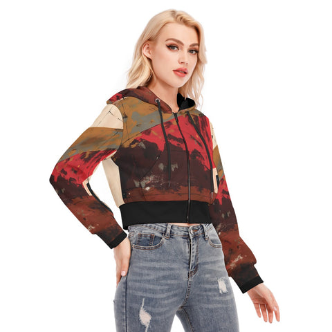 Red Sector Crop Top Hoodie With Zipper Closure
