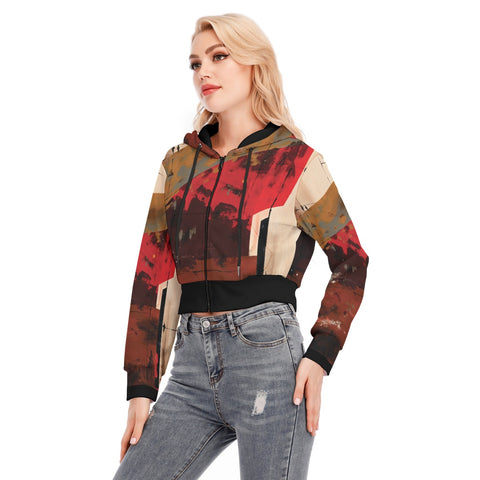 Red Sector Crop Top Hoodie With Zipper Closure