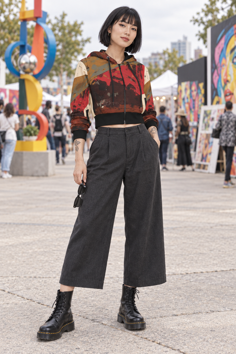 Red Sector Crop Top Hoodie With Zipper Closure
